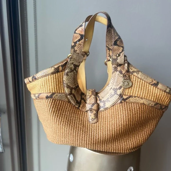 Brahmin Woven Straw Snakeskin Trim Shoulder Bag – Summer Tote - Picture 2 of 7